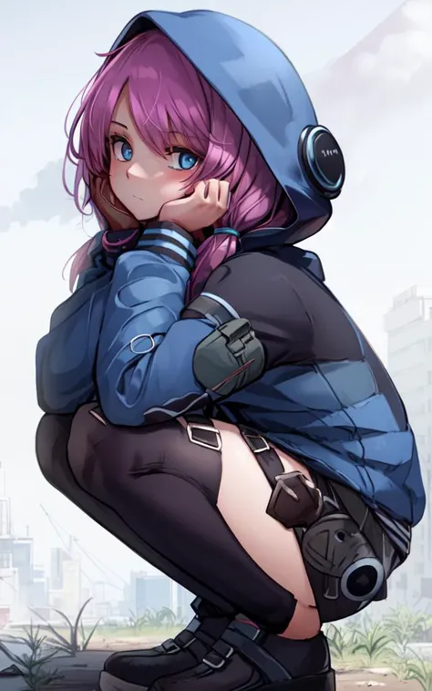 1girl, solo, hood,cowboy shot, dynamic pose, squatting,