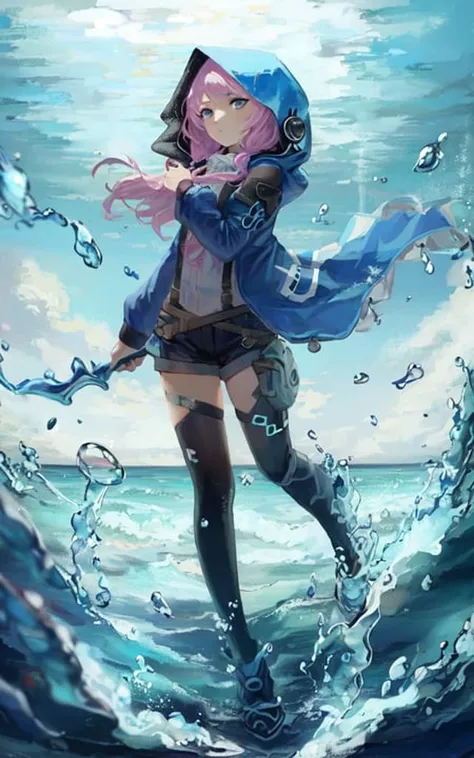 1girl,solo,blue poison,hood,full body, pose,ocean,roam,bubble,water