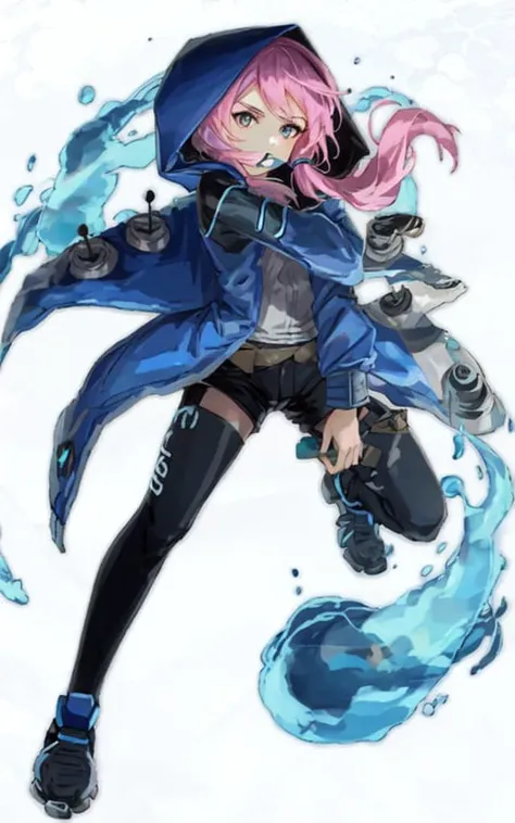 1girl,solo,blue poison,hood,full body, pose,pink hair,