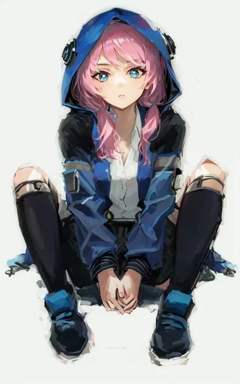 1girl,solo,blue poison,hood,full body, sitting,pose
