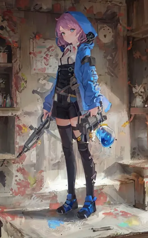 1girl,solo,hood,full body, standing, blue potion,