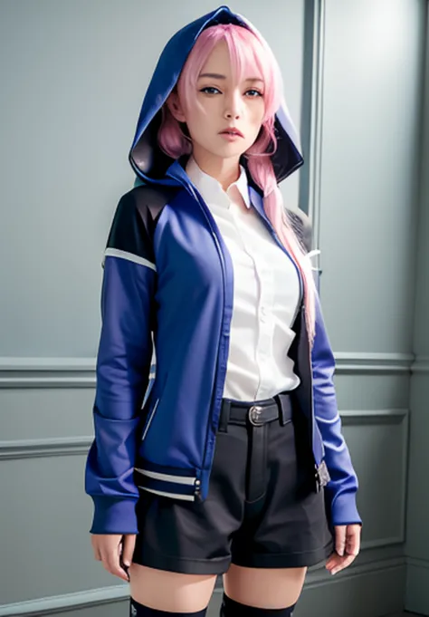 best quality,ultra high res,(8k, RAW photo, best quality, masterpiece:1.2), (realistic, photo-realistic:1.37), professional lighting, photon mapping, radiosity, physically based rendering,beautiful detailed eyes,beautiful detailed lips,arknights,Symmetrical eyes,blue eyes,full body, pink hair, <lora:koreanDollLikeness_v10:0.3>, <lora:arknightsBLUEPOISON_v114514:0.9>, blue potion,blue raincoat,blue hood,cute, 1girl, arknights bluepoison, white collar shirt, black shorts, black thighhighs,