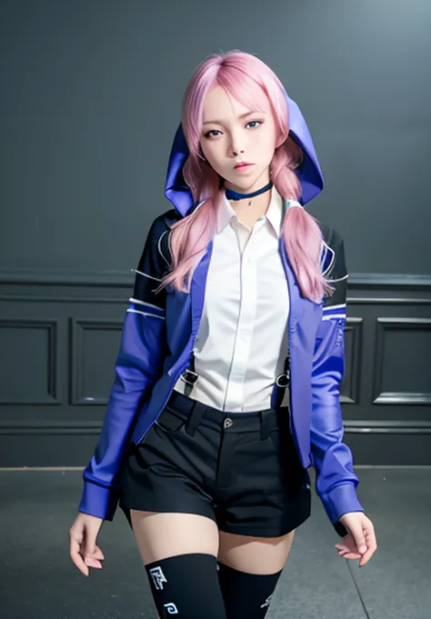 best quality,ultra high res,(8k, RAW photo, best quality, masterpiece:1.2), (realistic, photo-realistic:1.37), professional lighting, photon mapping, radiosity, physically based rendering,beautiful detailed eyes,beautiful detailed lips,arknights,Symmetrical eyes,blue eyes,full body, pink hair, <lora:koreanDollLikeness_v10:0.3>, <lora:arknightsBLUEPOISON_v114514:0.9>, blue potion,blue raincoat,blue hood,cute, 1girl, arknights bluepoison, white collar shirt, black shorts, black thighhighs,