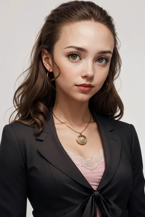 masterpiece, best quality, 1girl, solo, looking at viewer, medium breasts, <lora:eriminami-guy-v2:1>, eriminami, forehead, hair behind ear, lipstick, necklace, jacket, tied jacket, black jacket, dress, pink dress,  white background, simple background, portrait,