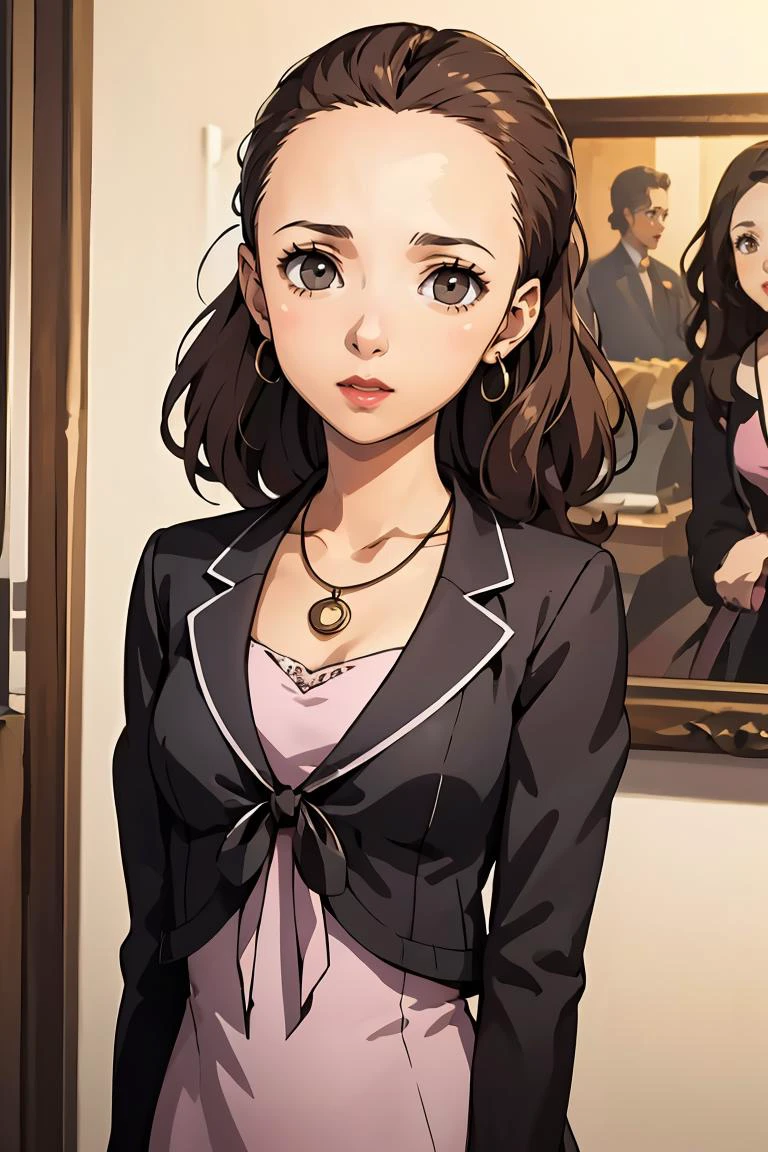 (masterpiece, best quality), 1girl, <lora:eriminami-guy-v2:0.8> eriminami, forehead, hair behind ear, lipstick, necklace, jacket, tied jacket, black jacket, dress, pink dress