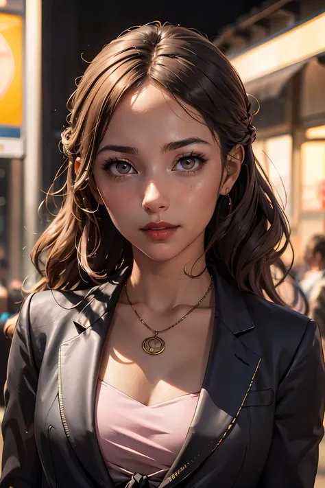 (masterpiece, best quality), 1girl,   <lora:eriminami-guy-v2:0.8> eriminami, forehead, hair behind ear, lipstick, necklace, jacket, tied jacket, black jacket, dress, pink dress