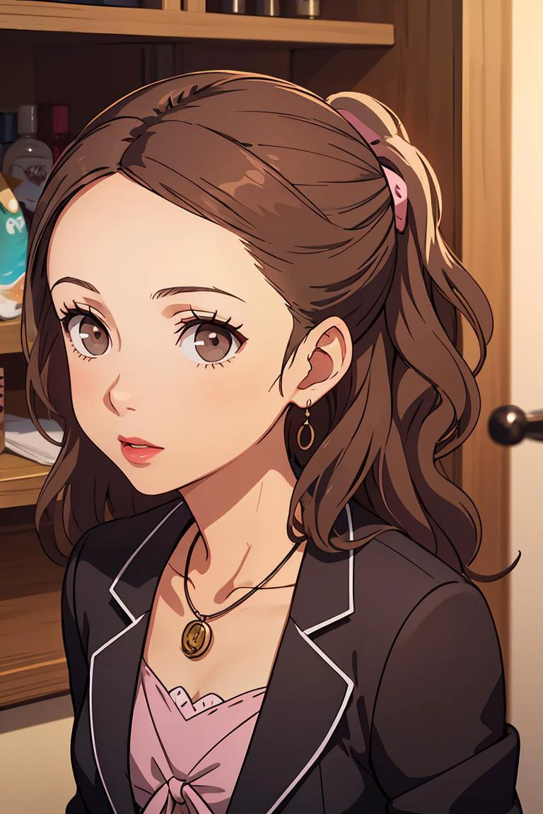 (masterpiece, best quality), 1girl, <lora:eriminami-guy-v2:0.8> eriminami, forehead, hair behind ear, lipstick, necklace, jacket, tied jacket, black jacket, dress, pink dress