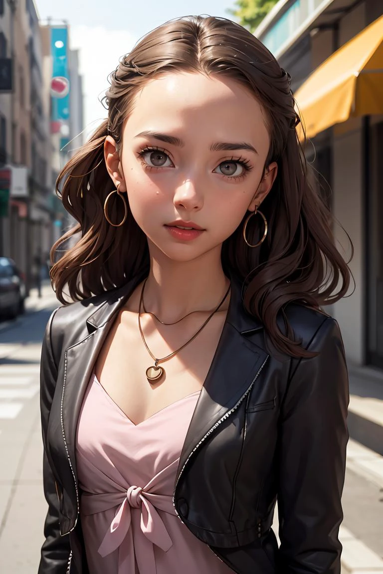 (masterpiece, best quality), 1girl, <lora:eriminami-guy-v2:0.8> eriminami, forehead, hair behind ear, lipstick, necklace, jacket, tied jacket, black jacket, dress, pink dress