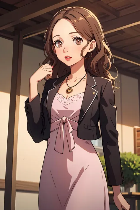 (masterpiece, best quality), 1girl,   <lora:eriminami-guy-v2:0.8> eriminami, forehead, hair behind ear, lipstick, necklace, jacket, tied jacket, black jacket, dress, pink dress