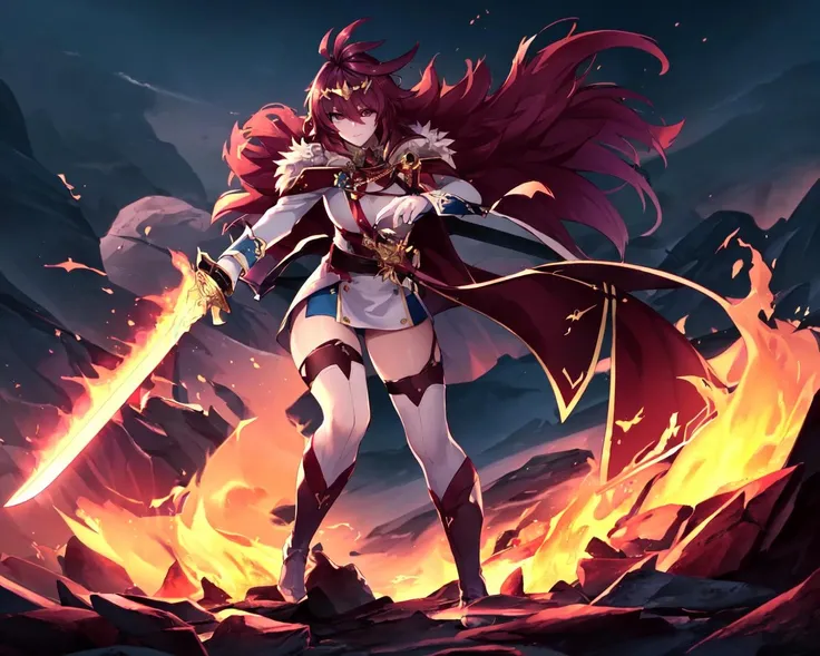 <lora:e7 LHC2:0.75> e7 LHC, burgundy eyes, attacking with a fire sword, flames on sword, dynamic ahot, action shot, full body,
(masterpiece), best quality, highres, 4k, 8k, Detailed Illustration, intricate detail, cinematic lighting, amazing quality, 1girl, fit female, amazing shading, soft lighting, facing camera, perfect eyes