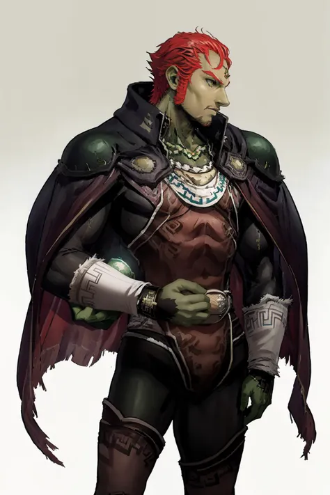 <lora:OoT_Ganondorf_Zelda_Anime:0.8> OoT_Ganondorf_Zelda, solo, (green skin), cape, <lora:planethold:0.8> hold plante, carrying