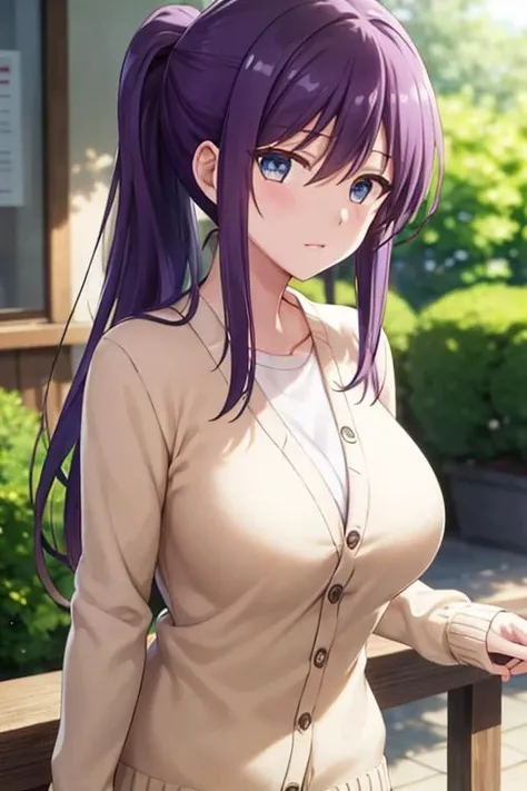 masterpiece, (best quality), 1woman,1girl ,ao horie, purple hair ,ponytail, long hair, blue eyes,white shirt,cardigan,sexy woman,hair between eyes ,closed clothes, vibrant colors ,natural lighting ,RTX, large breasts, beautiful, (detailed face:1.2), showcase, (perfect eyes:1.1) ,(photorealistic:1.1), 8k uhd, looking at viewer, outdoors, simple backround,