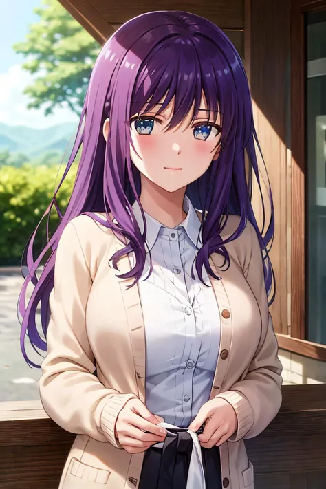 masterpiece, (best quality), 1woman,1girl ,ao horie,  purple hair , long hair, blue eyes,white shirt,cardigan,hair between eyes ,closed clothes, vibrant colors ,natural lighting  ,RTX,  large breasts, beautiful, (detailed face:1.2), showcase, (perfect eyes:1.1) ,(photorealistic:1.1), 8k uhd,  looking a viewer, outdoors,  simple backround, adult