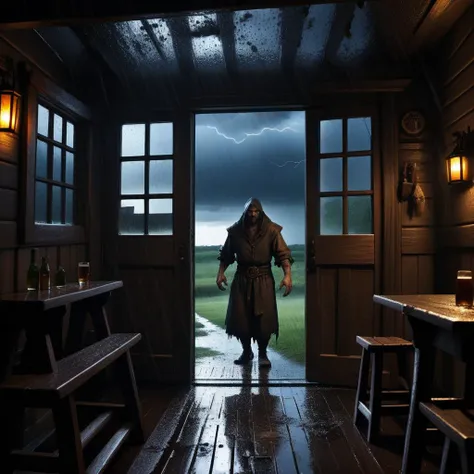 Necromancer standing in the doorway to a tavern,coming in from the storm, facing the viewer,backlighting moonlight,storm,rain,wind,evening,view from inside the tavern looking outside,dirty,gritty atmosphere, wet, soaked,