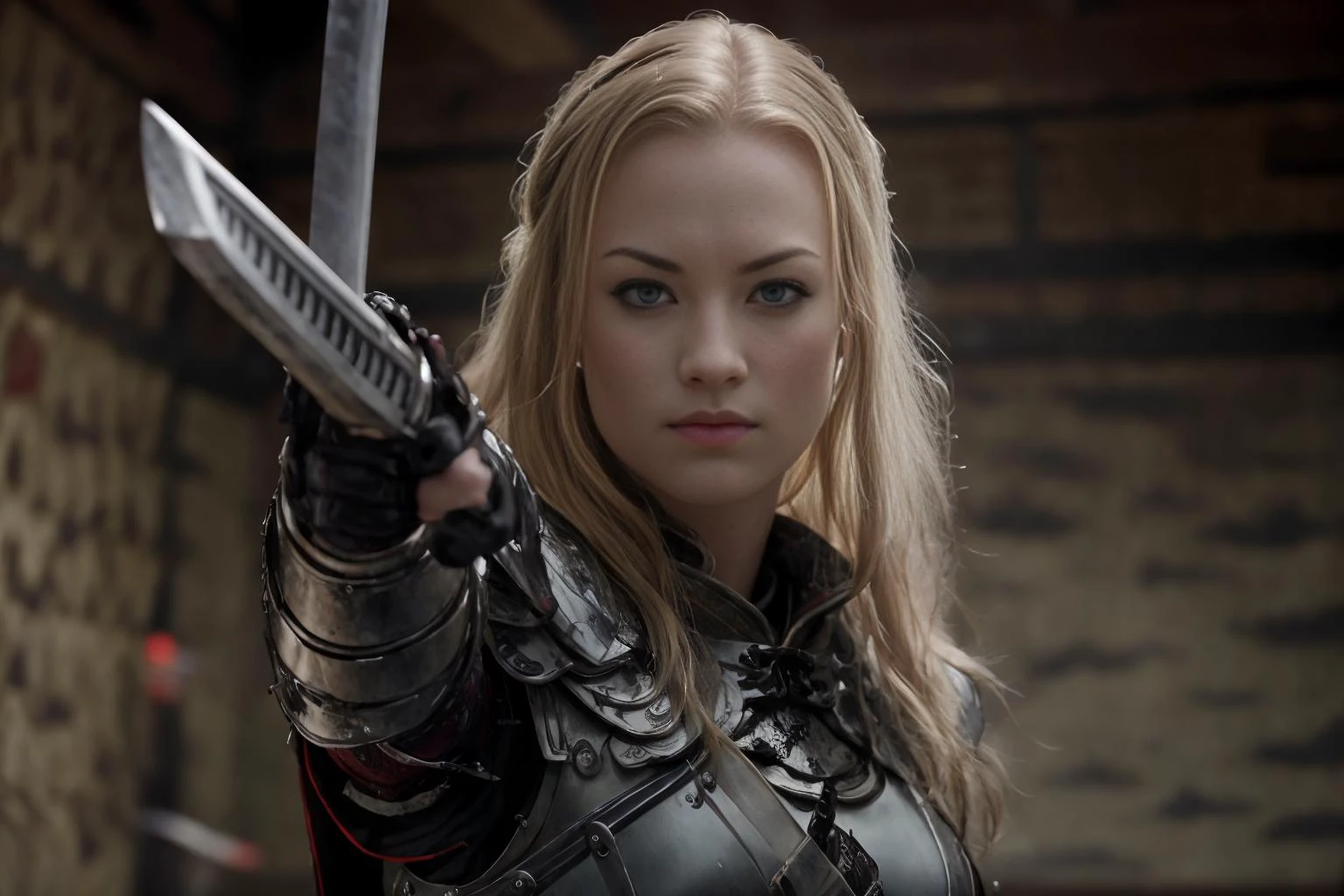 Horror-themed, wide angle, <lora:samurai style SD1.5:1.2>
an epic cinematic photo of yvonne,<lora:YvonneStrahovskiDogu:1>, blonde hair, blue eyes in a legendary armor holding an epic katana with perfect hands female samurai style, feudal Japan, shogunate, Eerie, unsettling, dark, spooky, suspenseful, grim, highly detailed, (battle field) , blood, smoke, fire<lora:detail_slider_v4:2.4>, nsfw:0.45