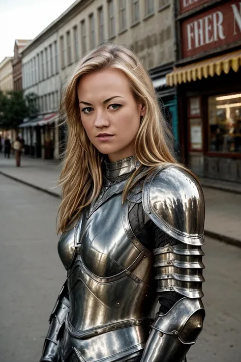 portrait picture of (yvonne:1.1) <lora:YvonneStrahovskiDogu:0.8> ,  front facing, (sexy:1.15), (shiny metal armor:1.25), (in a street:1.2), (high detailed fair skin:1.2), 8k uhd, dslr, bright lighting, high quality, film grain, Fujifilm XT3
