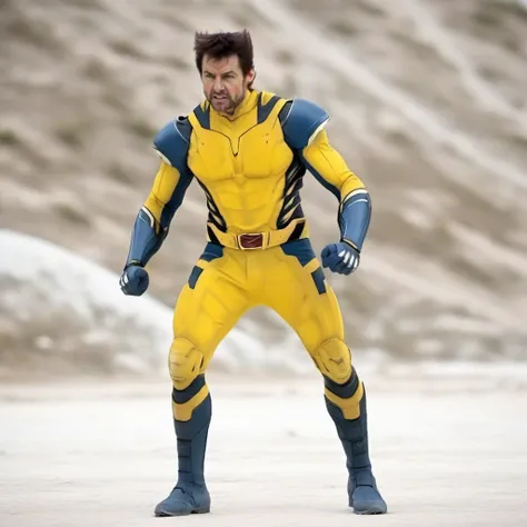 cinematic photo full body tom cruise in a yellow and blue bodysuit, wolverine claws, fight poses <lora:Wolverine2024-1024:0.9> . 35mm photograph, film, bokeh, professional, 4k, highly detailed