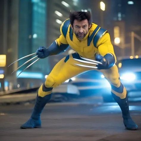 cinematic photo full body Hugh Jackman in a yellow and blue bodysuit, wolverine claws, fight poses, night city lights background <lora:Wolverine2024-1024:0.9> . 35mm photograph, film, bokeh, professional, 4k, highly detailed