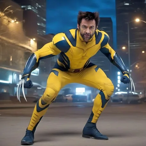 cinematic photo full body Hugh Jackman in a yellow and blue bodysuit, wolverine claws, fight poses, night city lights background <lora:Wolverine2024-1024:0.9> . 35mm photograph, film, bokeh, professional, 4k, highly detailed