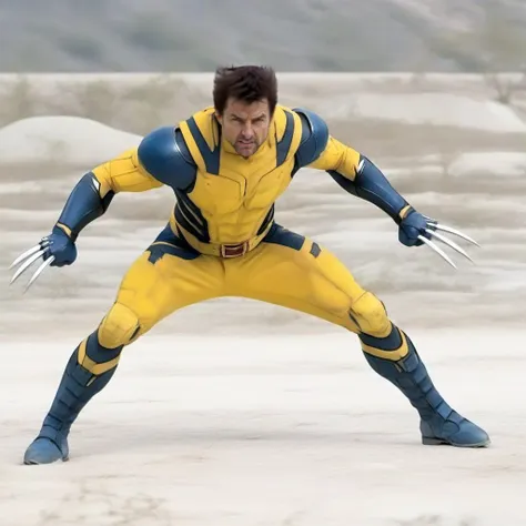 cinematic photo full body tom cruise in a yellow and blue bodysuit, wolverine claws, fight poses <lora:Wolverine2024-1024:0.9> . 35mm photograph, film, bokeh, professional, 4k, highly detailed