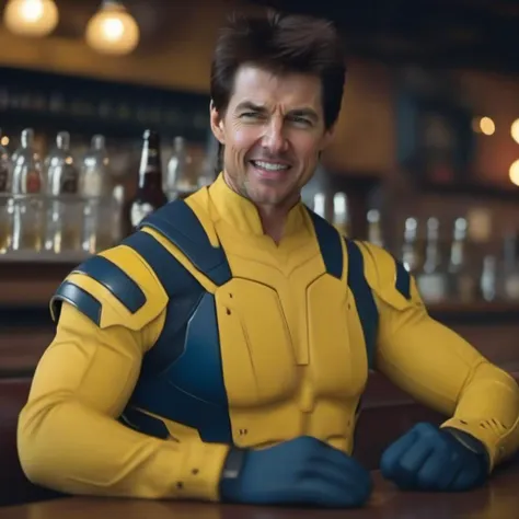 cinematic photo tom cruise in a yellow and blue bodysuit having a beer in a pub  <lora:Wolverine2024-1024:0.9> . 35mm photograph, film, bokeh, professional, 4k, highly detailed