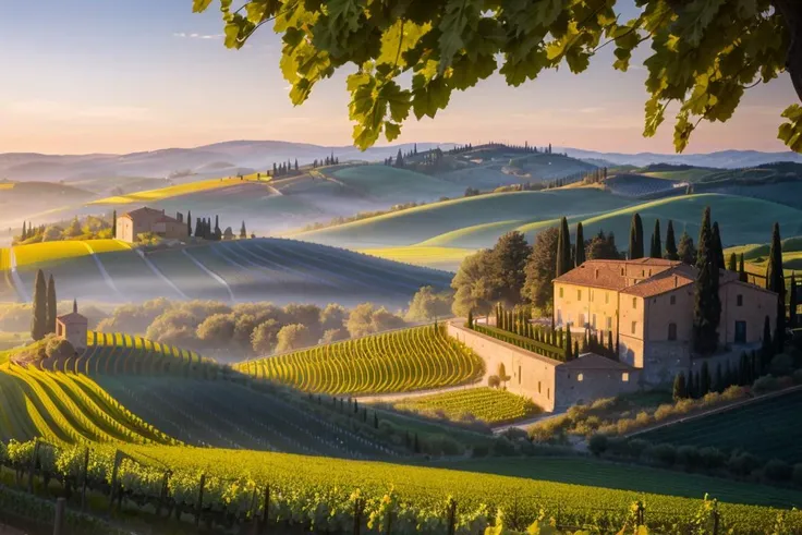 8k, best quality, real picture, intricate details, ultra-detailed, ultra highres, depth field,(photorealistic,realistic:1.2),masterpiece, <lora:add_detail:1>,
0.25 :: close-up , straight-on shot , dutch angle ,
at dawn ,
( Lush Vineyards: Explore the rolling vineyards of Tuscany in Italy, with its picturesque landscapes, charming wineries, and rustic farmhouses :1.3),