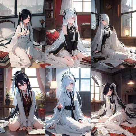 (otherworldly, otherworldly atmosphere, otherworldly appearance), highly insanely detailed, masterpiece, top quality, best quality, highres, 4k, 8k, RAW photo, (long_hair, long hair), collar, earrings, jewelry, 
(random colors cloth, random colors hair, random long hair, dynamic hair, glowing hair), 
long hair, eyelashes, eyeliner, makeup, hair over one eye, 
(dynamic pose), (dynamic weather), nsfw, 
lamp, indoors, window, wooden floor, pillow, curtains, carpet, bed, book, rug, 
<lora:ç½è²æ±ææ¸å·ç³»å¹¿è¢æµä»è£å¥³:0.6>, BAINV, 
(smiling at viewer), (fantasy world)