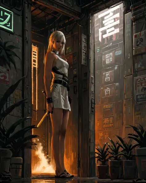a woman standing in a doorway of a building with a plant in the background and a sign on the door, Atey Ghailan, gloomy atmosphere, cyberpunk art, context art
sword, 1girl, solo, upper body, looking at viewer, white background, bob cut, long blonde hair, multicolored hair, makeup, parted lips, eyeliner, <lora:guweiz:0.8>
epic realistic, (dark shot:1), 1girl, ninja floating, textured clothing,
smoke, (((sandstorm))), (flying stone), (((dust explosion:1))), wind,
blonde hair, smile, shy smile, high heels, earring, collar, (white dress:1.5),
(masterpiece, high quality, best quality:1.3), (natural shadows, detailed shadows:1.5), (hyperrealism, soft light, sharp),
detailed eyes, detailed hair, detailed skin, 8k, (cinematic look:1.4), insane details, intricate details, hyperdetailed <lora:JuggerCineXL2:0.7>