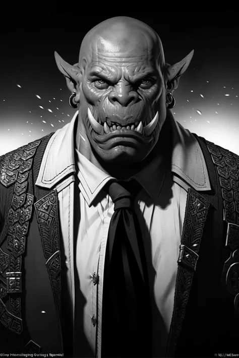 Portrait of an orc warrior wearing suit and tie, Blizzard Entertainment, detailed skin, skin blemishes, Warcraft, lighting should be warm and inviting, casting a soft glow and highlighting the rich colors of his flesh, background cinematic Hollywood style, light depth of field, vignette, highly detailed, high budget, bokeh, widescreen, moody, epic, gorgeous, film grain, grainy, Wang Wei,