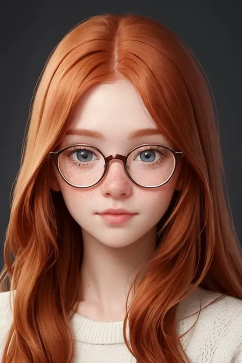 professional, masterpiece, 8k, hyperrealistic portrait of a 20yo cute ginger girl, long hair, redhead, glasses, (looking shy:1.3), freckles, detailed face, detailed skin, photography, hq, photorealistic,