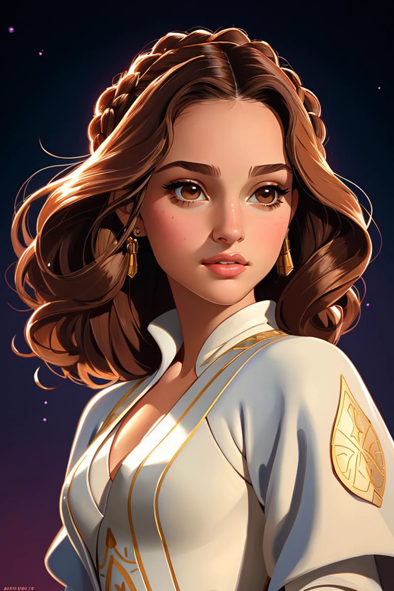 (princess),(Padm Amidala from star wars),Natalie Portman,disney style,cute girl,full shot body, most beautiful artwork in the world, professional majestic oil painting, trending on ArtStation, trending on CGSociety, Intricate, High Detail, Sharp focus, sharp image,hd, realistic reflects,dramatic, photorealistic painting art, catoonized, pinterest,