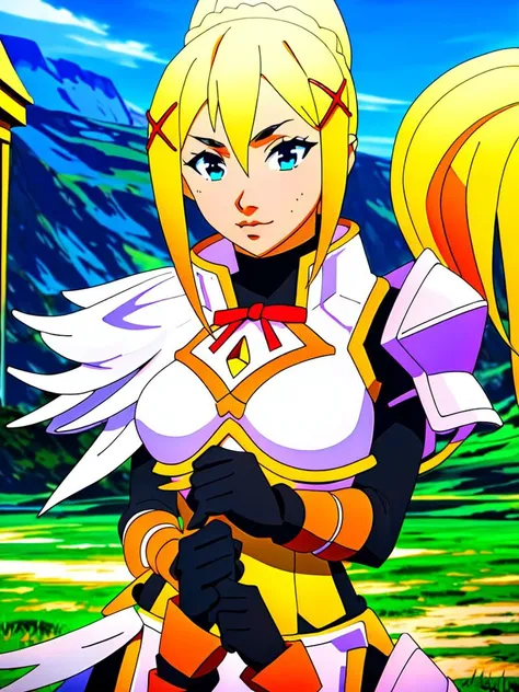 <lora:Dknss-KJ, armor, shoulder armor, x hair ornament, gloves, hair ornament -darkness konosuba-:1>(Dknss-KJ, armor, shoulder armor, x hair ornament, gloves, hair ornament, official style, style parody)