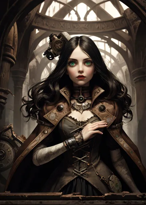 raw photo, giant  Alice liddell \(Alice madness returns\), damaged wonderland background, epic,  detailed and intricate, full-hd-details, arrogant look, (sorceress, steampunk).blend(30,70) outfit, (castlevania,capcom).blend(50,50)  art style, green eyes, frizzy coarse hairstyle, lower view, detailed hands