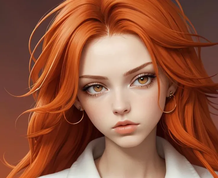 realismo, retrato de una joven, mirada melancólica, cabello gran volumen,cabello grueso color (naranja, rojo, rubio).blend(20,20,60), flequillo con rastas, detallado y complejo, fondo relajante, etnia (latina, alemana).blend(30,70), ojos color (miel.oliva).blend(50,50), vestimenta elegante, rostro redondo