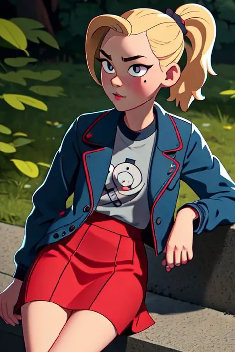 sasha_waybright, 1girl, solo, looking at viewer, black eyes, dot pupils, single mole under eye, blonde hair, ponytail, gray shirt, red skirt, blue jacket, outdoors, sitting, masterpiece, relaxed