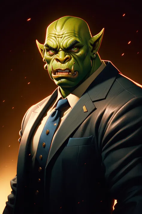 Portrait of an orc warrior wearing suit and tie, Blizzard Entertainment, detailed skin, skin blemishes, Warcraft, lighting should be warm and inviting, casting a soft glow and highlighting the rich colors of his flesh, background cinematic Hollywood movie style, light depth of field, vignette, highly detailed, high budget, bokeh, widescreen, moody, epic, gorgeous, film grain, grainy, Wang Wei,