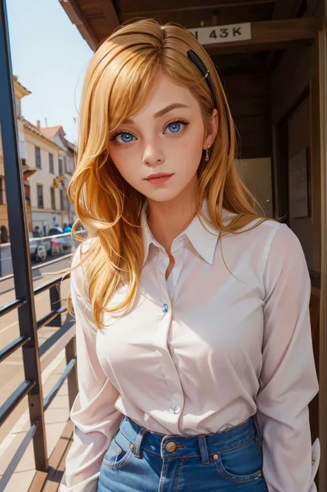 <lora:sydsnap (1):1> sydsnap, blue eyes, blonde hair, cowboy shot, parted bangs,, absurdres, ultra detailed, masterpiece, best quality, aesthetic, detailed,