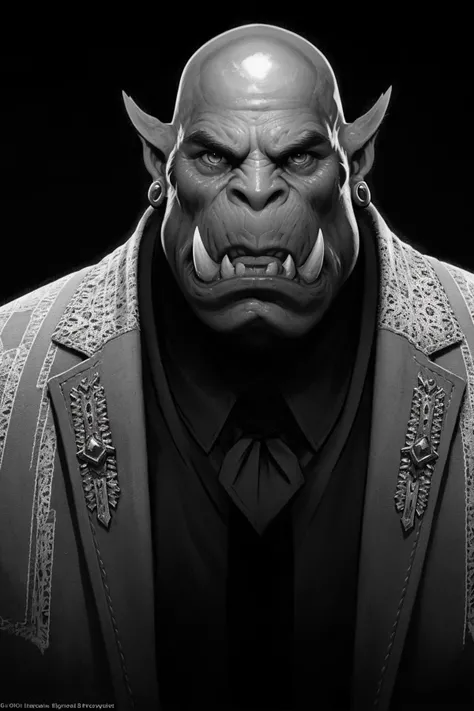 Portrait of an orc warrior wearing suit and tie, Blizzard Entertainment, detailed skin, skin blemishes, Warcraft, lighting should be warm and inviting, casting a soft glow and highlighting the rich colors of his flesh, background cinematic Hollywood movie style, light depth of field, vignette, highly detailed, high budget, bokeh, widescreen, moody, epic, gorgeous, film grain, grainy, Wang Wei,