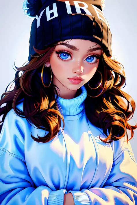 iamdytto wearing oversized sweater, long hair, [blue eyes], makeup,
beanie hat, earrings,
upper body, solid snowy background, 
 <lora:iamDytto_v1.1:0.7>