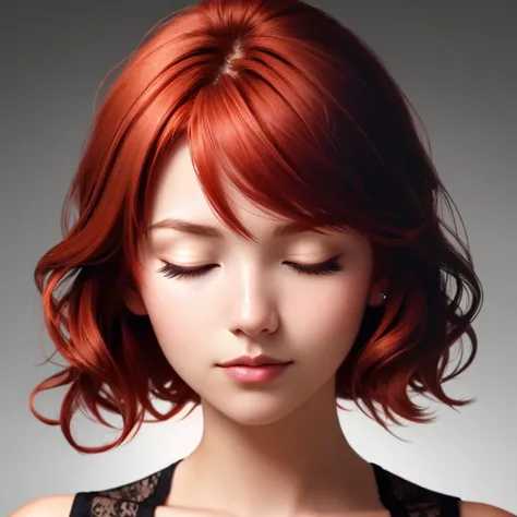 face closeup,closed eyes,redhead,dark theme, detailed skin, empty background