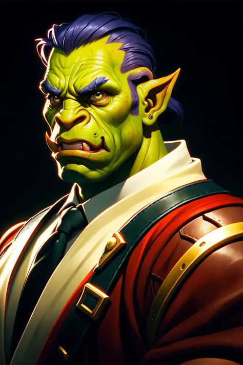 Portrait of an orc warrior wearing suit and tie, Blizzard Entertainment, detailed skin, skin blemishes, Warcraft, lighting should be warm and inviting, casting a soft glow and highlighting the rich colors of his flesh, background cinematic Hollywood style, light depth of field, vignette, highly detailed, high budget, bokeh, widescreen, moody, epic, gorgeous, film grain, grainy, Wang Wei,