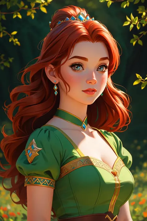 (princess),redhead,Fiona as human from shrek,disney style,cute girl,full shot body, most beautiful artwork in the world, professional majestic oil painting, trending on ArtStation, trending on CGSociety, Intricate, High Detail, Sharp focus, sharp image,hd, realistic reflects,dramatic, photorealistic painting art, catoonized, pinterest,