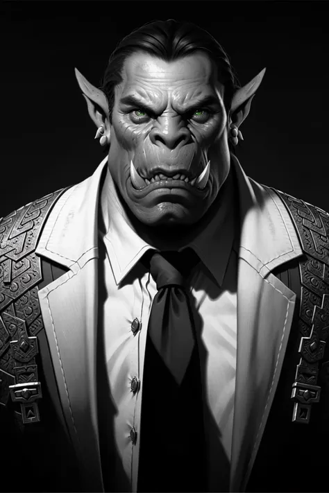 Portrait of an orc warrior wearing suit and tie, Blizzard Entertainment, detailed skin, skin blemishes, Warcraft, lighting should be warm and inviting, casting a soft glow and highlighting the rich colors of his flesh, background cinematic Hollywood style, light depth of field, vignette, highly detailed, high budget, bokeh, widescreen, moody, epic, gorgeous, film grain, grainy, Wang Wei,