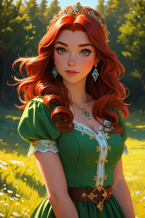 (princess),redhead,Fiona as human from shrek,disney style,cute girl,full shot body, most beautiful artwork in the world, professional majestic oil painting, trending on ArtStation, trending on CGSociety, Intricate, High Detail, Sharp focus, sharp image,hd, realistic reflects,dramatic, photorealistic painting art, catoonized, pinterest,
