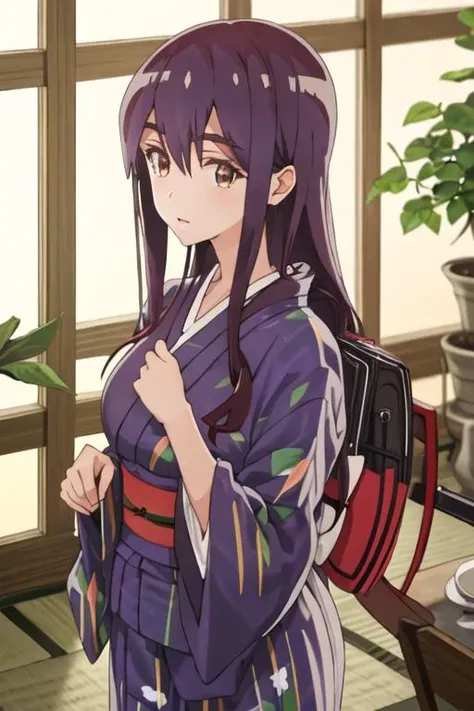 best quality, masterpiece, highres, solo, {yukata:1.40}, {kimono:1.20}, {yano_mitsuki_watashinoyuriwaoshigotodesu:1.15}, long_hair, purple_hair, brown_eyes, hair_between_eyes