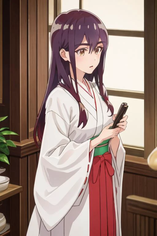 best quality, masterpiece, highres, solo, {white kimono:1.35}, {red hakama:1.35}, {wide sleeves:1.20}, {yano_mitsuki_watashinoyuriwaoshigotodesu:1.15}, long_hair, purple_hair, brown_eyes, hair_between_eyes