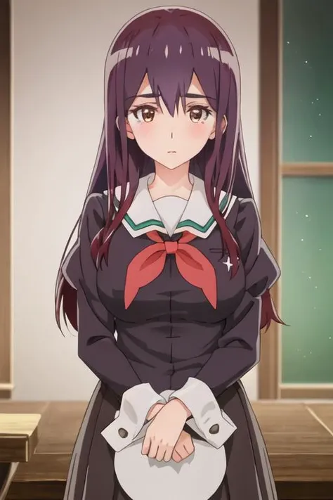 best quality, masterpiece, highres, solo, {yano_mitsuki_watashinoyuriwaoshigotodesu:1.15}, long_hair, purple_hair, brown_eyes, hair_between_eyes, 1girl, breasts, from_side, juliet_sleeves, long_sleeves, neckerchief, profile, puffy_sleeves, school_uniform, closed_mouth, green_shirt, upper_body, white_sailor_collar, sailor_collar, indoors, red_neckerchief, yellow_eyes, large_breasts