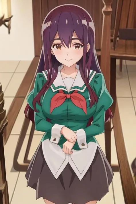 best quality, masterpiece, highres, solo, {yano_mitsuki_watashinoyuriwaoshigotodesu:1.15}, long_hair, purple_hair, brown_eyes, hair_between_eyes, 1girl, anime_coloring, bow, bowtie, closed_mouth, red_bow, school_uniform, smile, bangs, blush, sailor_collar, red_bowtie, shirt, white_sailor_collar