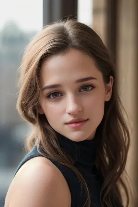 AliciaV, (((wearing a sleeveless turtleneck))), 8k raw, high res, ultrarealistic, hyperrealistic, soft lighting, good lighting, textured skin, photorealism, high details, DSLR photo, detailed face, detailed hair, skin pores, (looking at viewer), (Real Eyes), (Detailed Eye Corneas), (detailed pupils), ((smiling)), photo lab, elegant, insane details, hyperdetailed, low contrast, epiCRealism, Detailed and realistic photography, intricate and realistic eyes, shot outside, skin texture, soft natural lighting, magical photography, dramatic lighting, ultra-detailed, Kodak 800T, ((SFW))