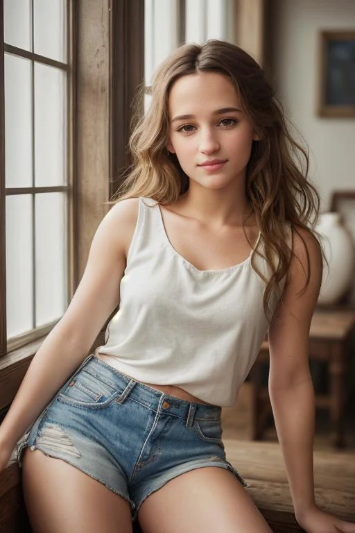 ((Full body view)), AliciaV, (((wearing a white sleeveless shirt))), ((distressed jean shorts)), 8k raw, high res, ultrarealistic, hyperrealistic, soft lighting, good lighting, textured skin, photorealism, high details, DSLR photo, detailed face, detailed hair, skin pores, (looking at viewer), (Real Eyes), (Detailed Eye Corneas), (detailed pupils), ((smiling)), photo lab, elegant, insane details, hyperdetailed, low contrast, epiCRealism, Detailed and realistic photography, intricate and realistic eyes, shot outside, skin texture, soft natural lighting, magical photography, dramatic lighting, ultra-detailed, Kodak 800T, ((SFW))